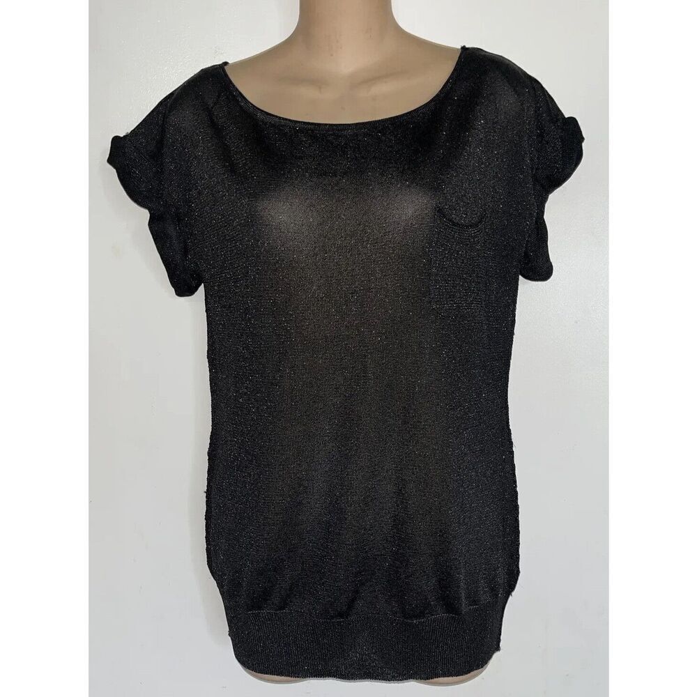 M By Michael Stars Women's Knit Top Metallic Cuffed Short Sleeve Pocket Size 1
